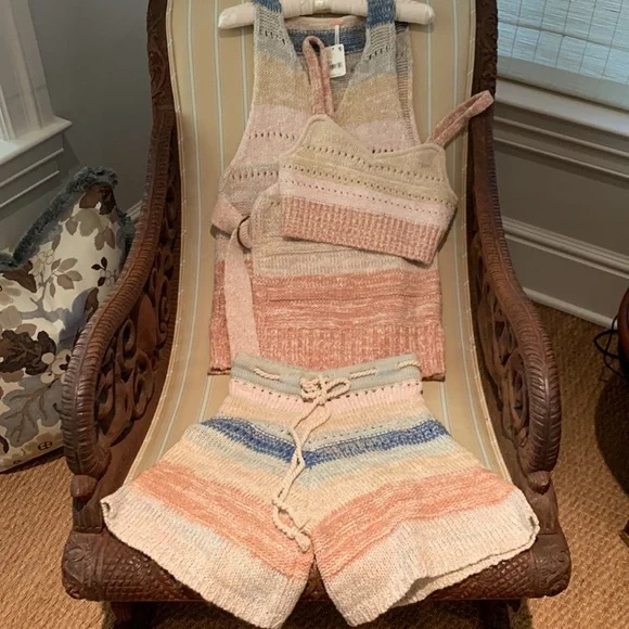 FREE PEOPLE SOUTHWEST SWEATER SET COTTON CROCHET KNIT IN SUNSET COMBO SIZE L - Picture 14 of 16